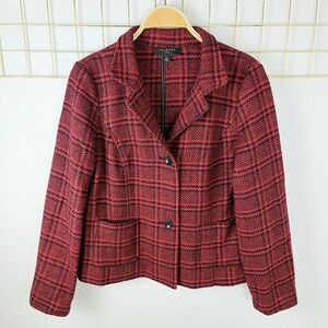 Talbots Red Black Houndstooth Plaid Wool Blend Knit Blazer